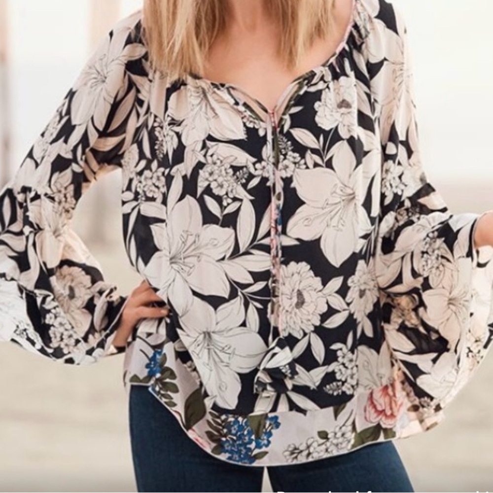 Johnny Was Woman's Black and Cream Floral Peasant Blouse